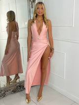 Starfish Detail Deep V Halterneck Top & Slit Midi Skirt Co-ord - Baby Pink