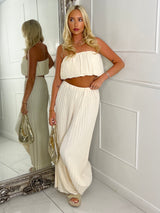 Pleated Bandeau & Wide Leg Pants Co-ord - Cream