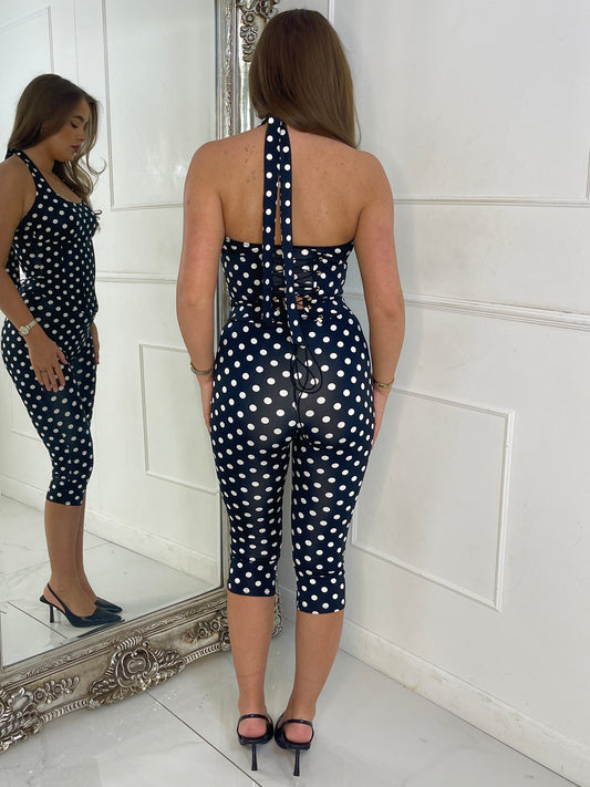 3 Piece Halter Neck Top , Corset & Capri Leggings - Black Polka Dot