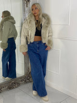 Faux Fur Cuff & Pocket Detail Pu Contrast Jacket - Beige