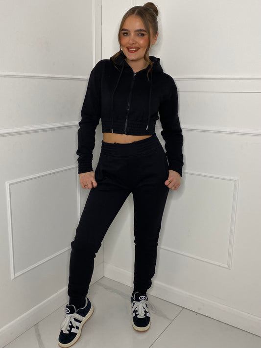 Cropped Hoodie Jogger Tracksuit - Black