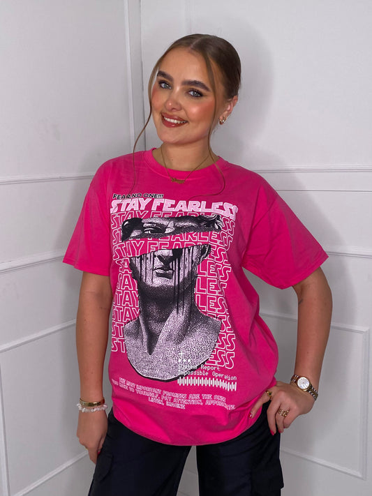 Fearless Statue Print  T-shirt- Hot Pink