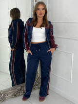 Hooded Colour block Jacket & Straight Leg Pants Set - Wine/Navy