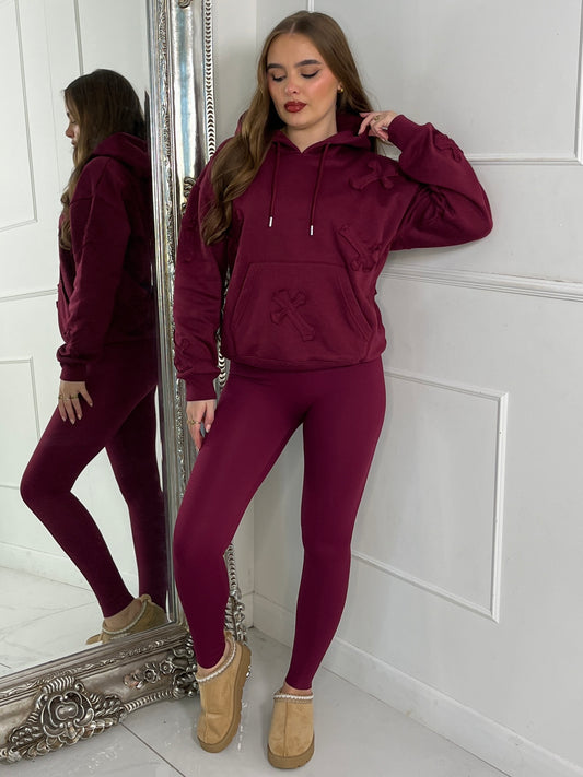 Embroidered Cross Hoodie - Wine