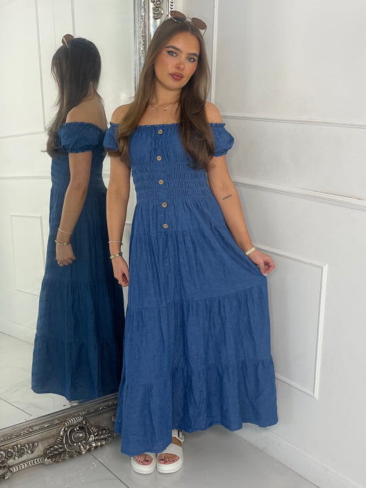 Button Detail Denim Maxi Dress - Blue