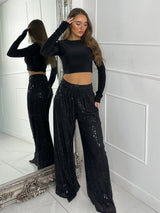 Sequin Wide Leg Trousers - Black