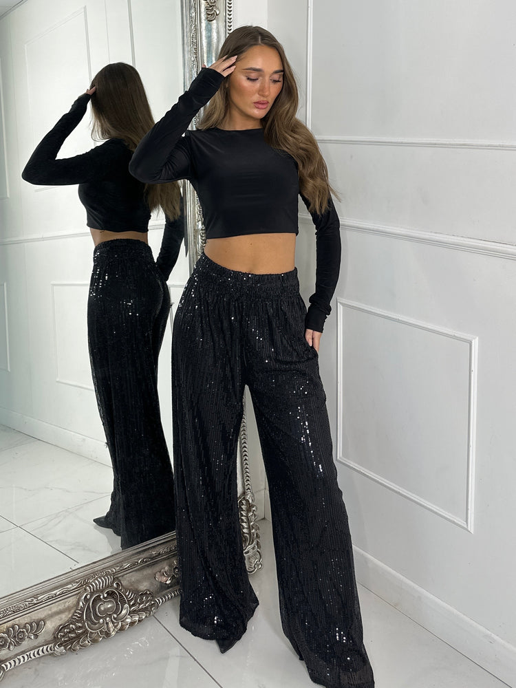 Sequin Wide Leg Trousers - Black