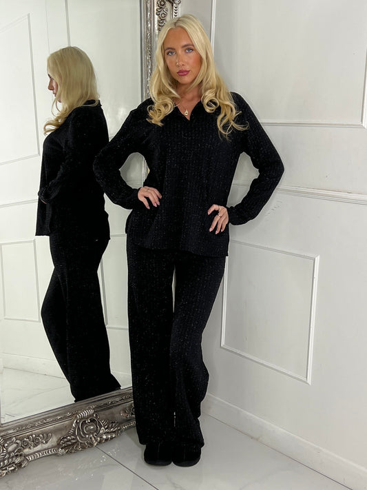 Lurex Glitter Oversized Shirt & Wide Leg Pants Co-Ord - Black