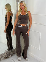 Crossover Ruched Bum Flares And Line Detail Tank Top- Brown/ White