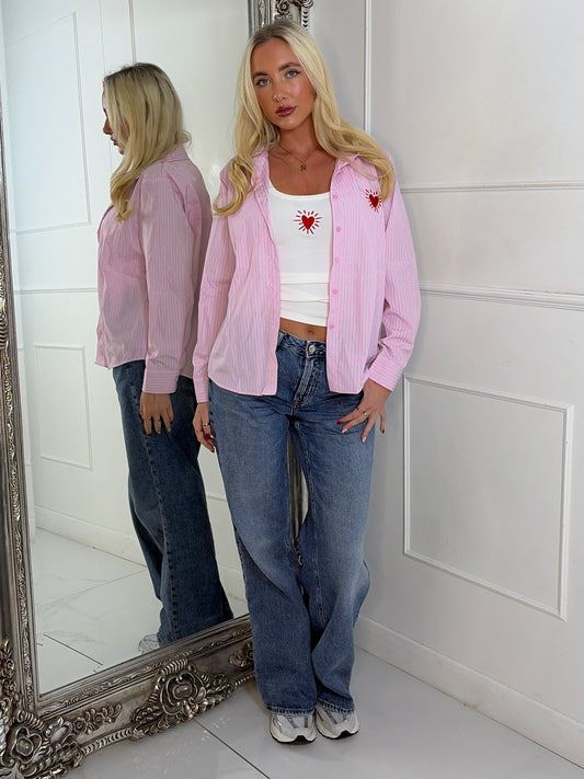 Two Piece Racer Vest Top & Shirt with Embroidered Heart Detail - Pink Stripe