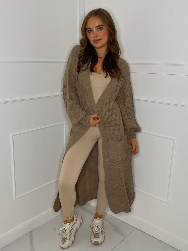 Balloon Sleeve Long Knitted Cardigan - Light Brown