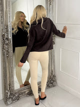 Zip Up Detail 
Long Sleeve Cropped Knitted Ribbed Jumper-Brown
