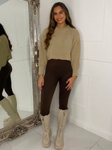 Plain Cropped Knitted Jumper - Beige
