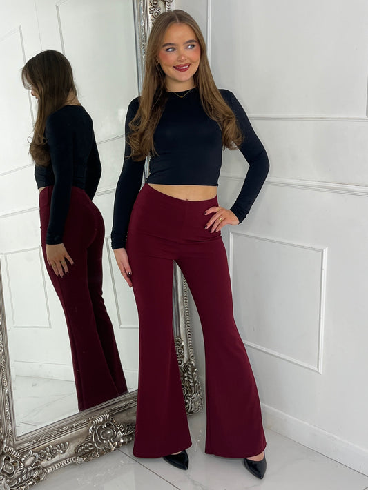 High Waisted Kick Flared Pants - Wine