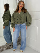 Crop Balloon Sleeve Trench Jacket - Khaki Green