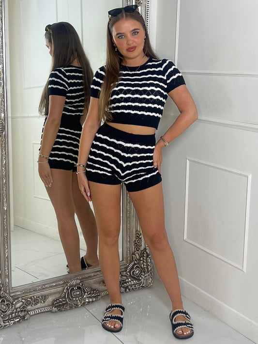 Knitted Short Sleeve Top & Shorts Set - Black Stripe