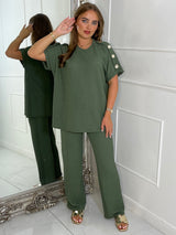 Gold Button Detail Oversized Top & Wide Leg Pants Co-Ord - Khaki