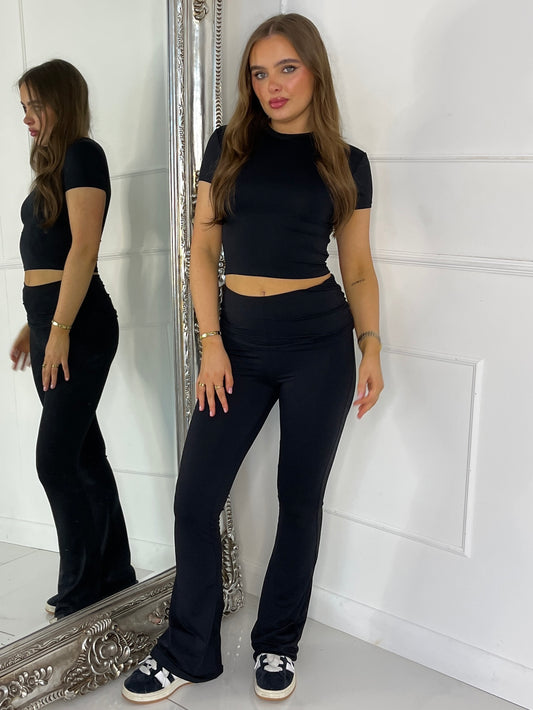 Short Sleeve Round Neck Top & Flares Co-Ord Second Skin - Black