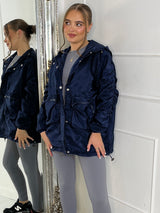 Long Ruched Sleeve Windbreaker Jacket - Navy