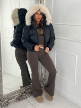 Cropped Faux Fur Trim Padded Jacket - Black/Cream