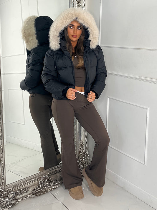 Cropped Faux Fur Trim Padded Jacket - Black/Cream