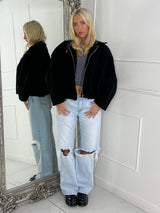 Collared Oversized Bomber Jacket - Black