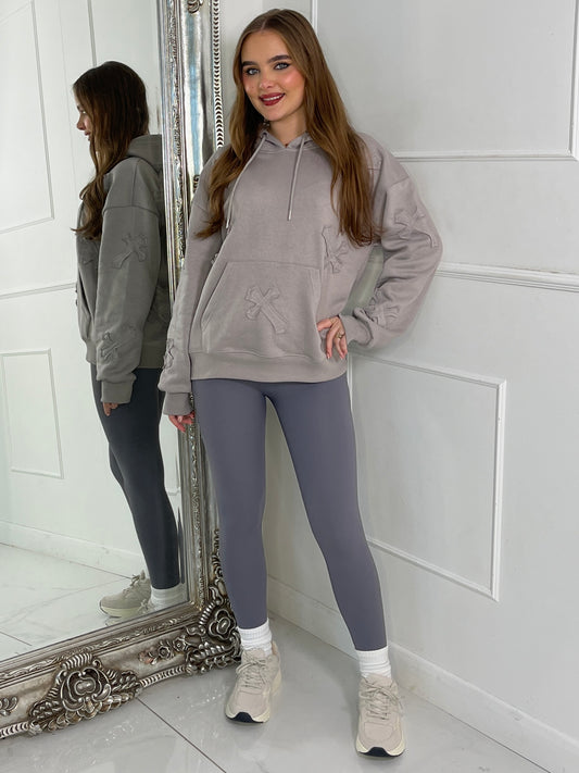 Embroidered Cross Hoodie - Dove Grey