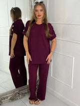 Gold Button Detail Oversized Top & Wide Leg Pants Co-Ord - Burgundy