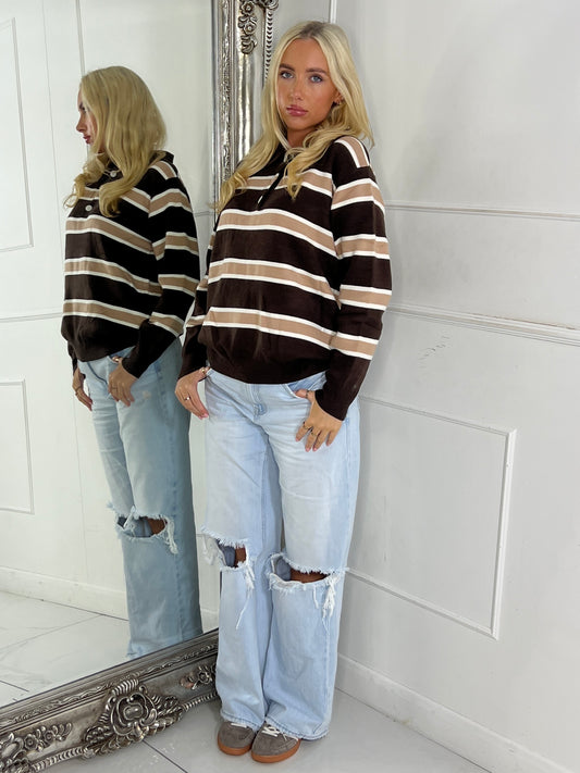 Striped Neutral Toned Collared Jumper - Brown