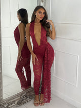 Lucia Lace Halter Jumpsuit - Wine