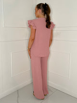 Frill Shoulder Wide Leg Co-ord - Dusty Pink