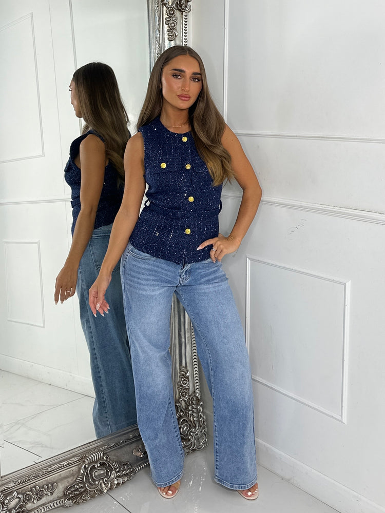 Tweed Sequin Belted Waistcoat - Navy