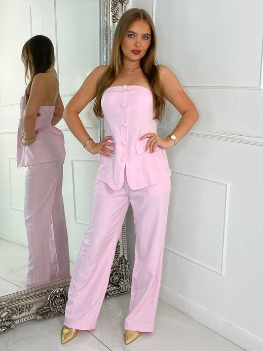 Bandeau Button Detail Corset & Flares Co-ord - Baby Pink