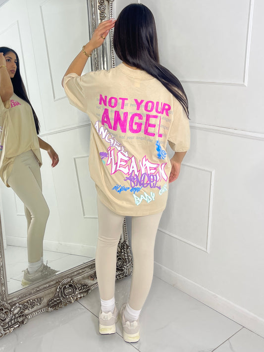 Ribbed Collar Oversized T-Shirt - Beige Not Your Angel Print