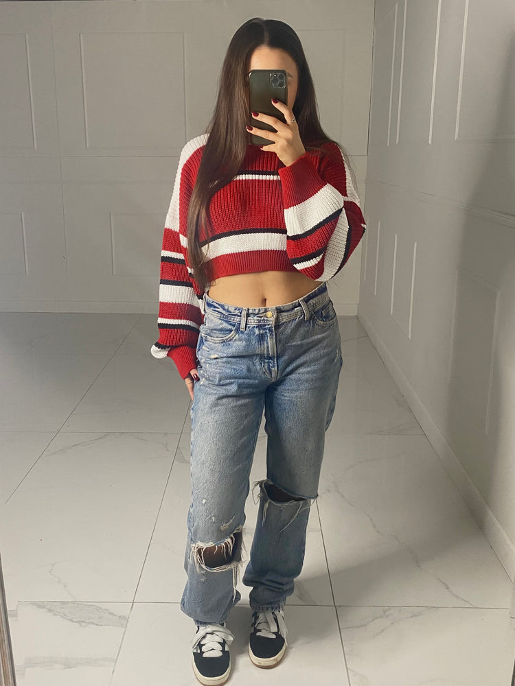 Striped Cropped Knitted Jumper -  Red