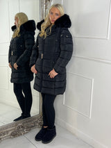 Long Padded Belted Coat With Faux Fur Hood - Black