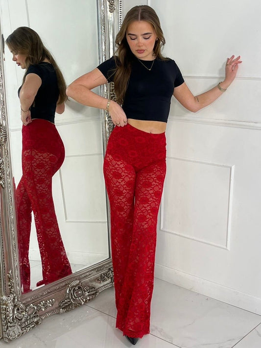 Built In Red Shorts Underlayer Lace Flares - Red