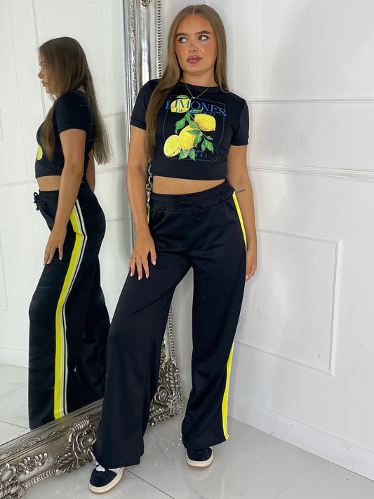 Lemon Tee & Side Stripe Trousers Co-Ord - Black