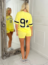 Los Angeles Varsity Top & Matching Shorts Co-ord - Yellow/ Black & White