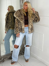 Leopard Print Faux Fur Collared Jacket - Beige/Brown