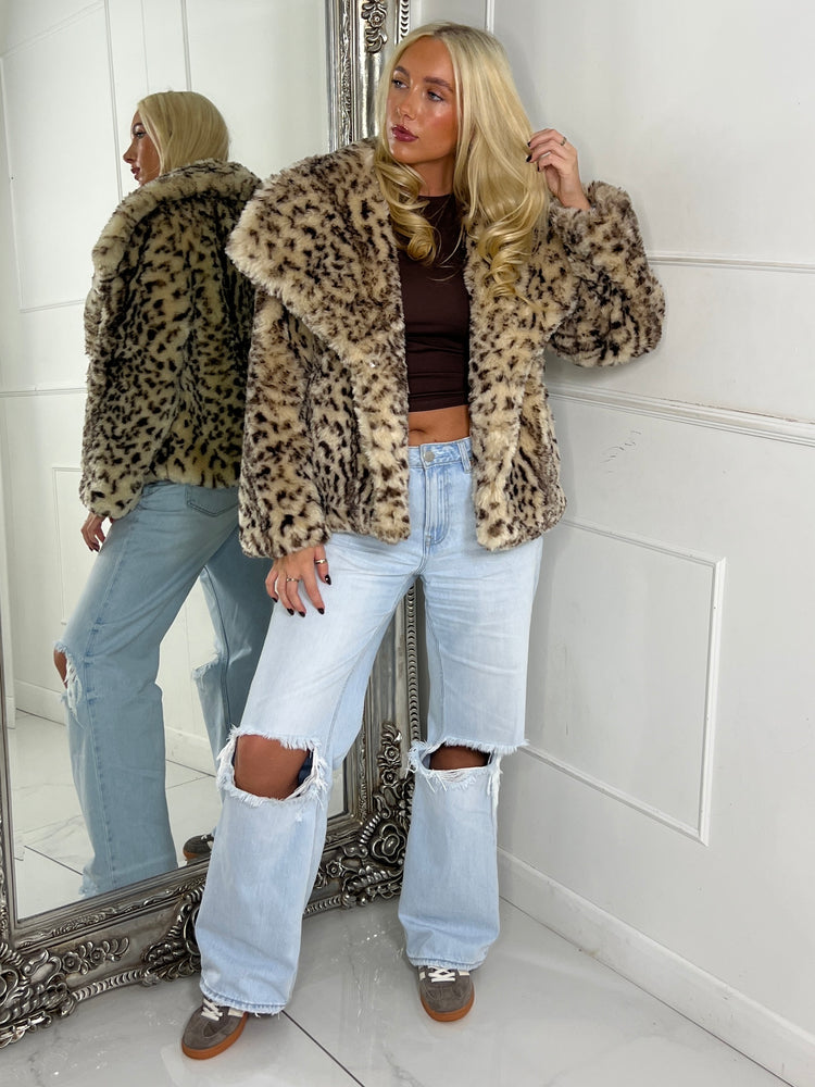 Leopard Print Faux Fur Collared Jacket - Beige/Brown