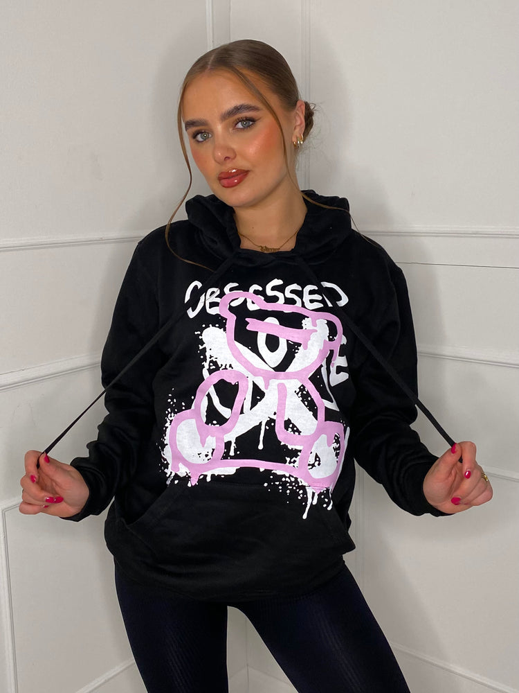 Obsessed Teddy Print Hoodie - Black