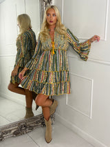 Embellished Tassle Detail Long Sleeve Boho Dress - Green Multi