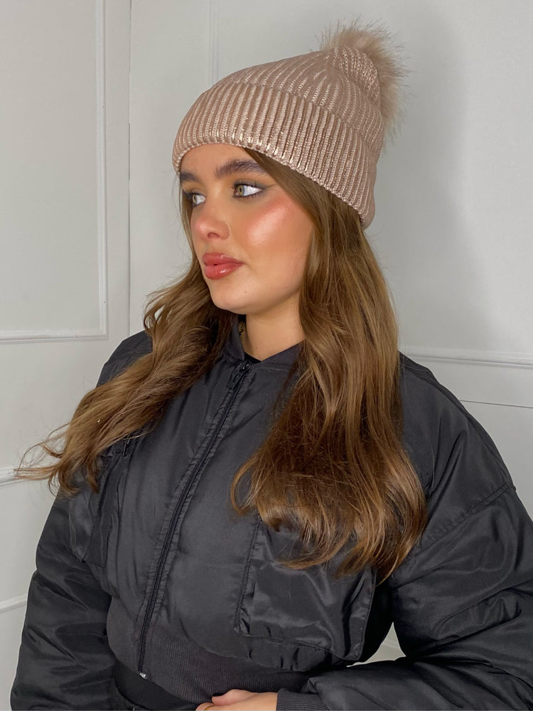 Metallic Bobble Hat - Rose Gold