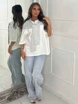 Tennis Style Oversized Tee with Overlay Detail - White/Grey