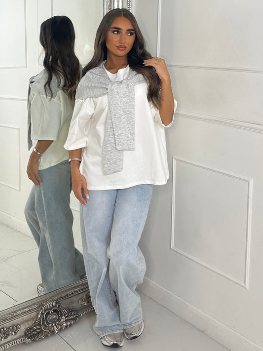 Tennis Style Oversized Tee with Overlay Detail - White/Grey