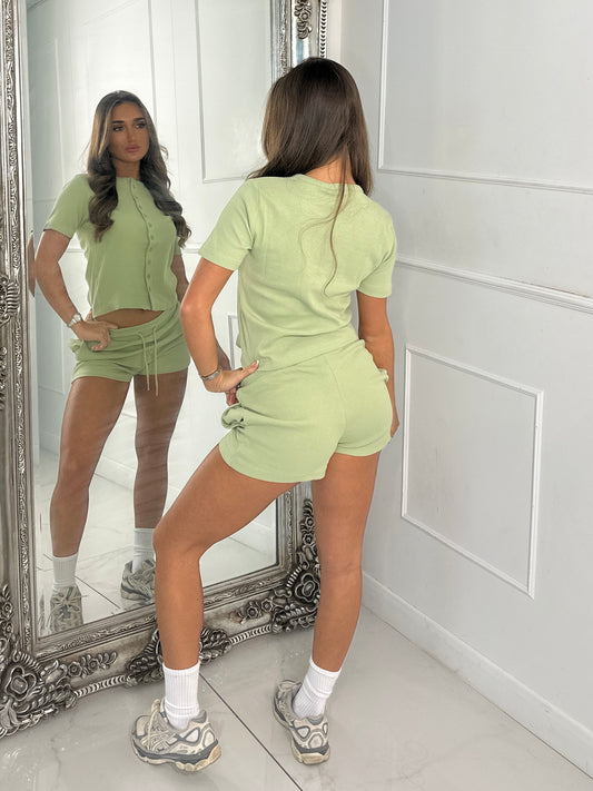 Round Neck Button Up Ribbed Top & Drawstring Shorts Co-ord - Sage Green