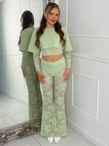 Round neck Lace Sleeves Crop Tee & Built In Black Knicker Underlayer Lace Flares Co-Ord - Sage Green