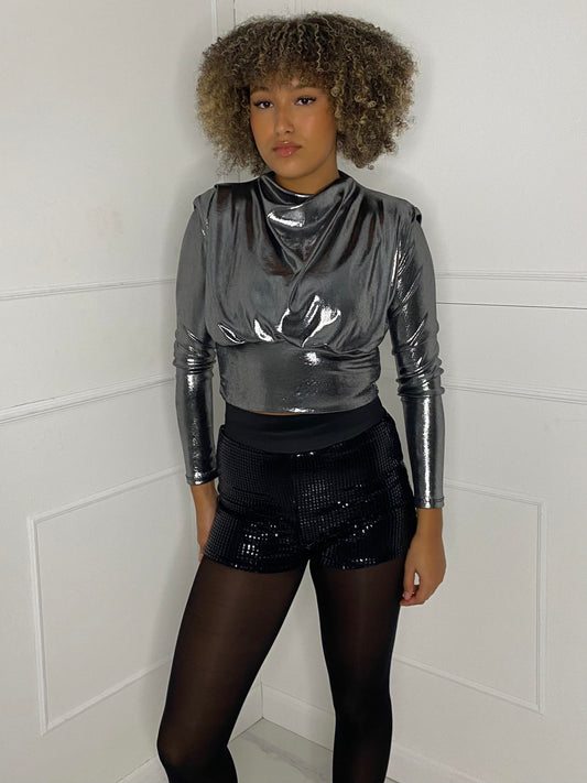 Metallic Padded Shoulder Top - Silver