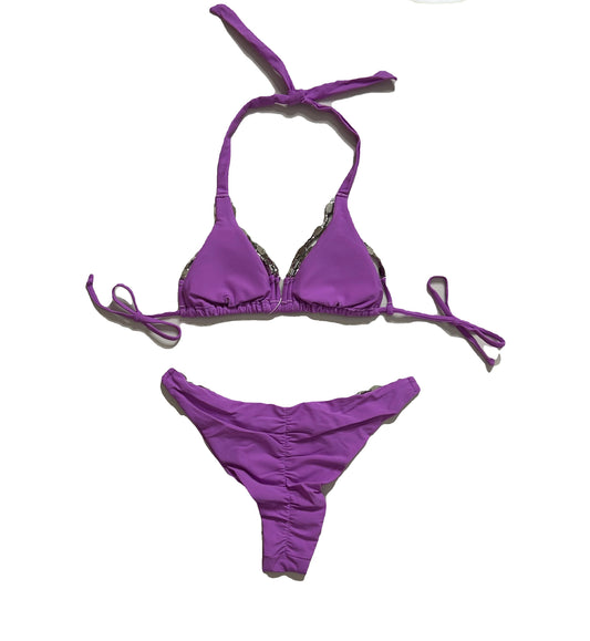 Diamanté Trim Ruched Bum Bikini - Purple